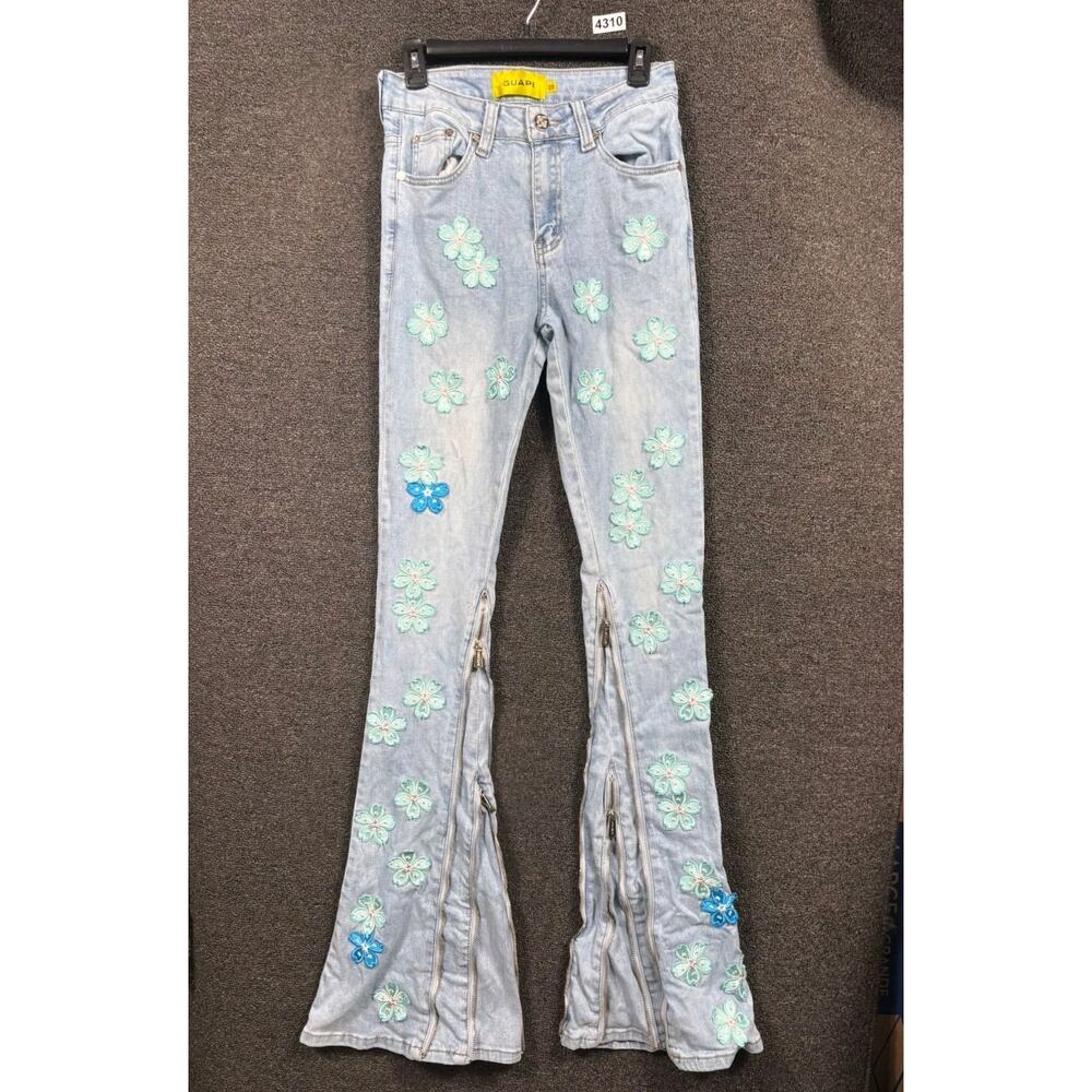 Men's Light Blue Floral Embellished Jeans